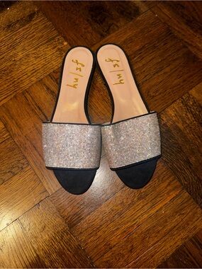 French Sole Black Sandals with Sparkling Silver Band Size 7 NEW